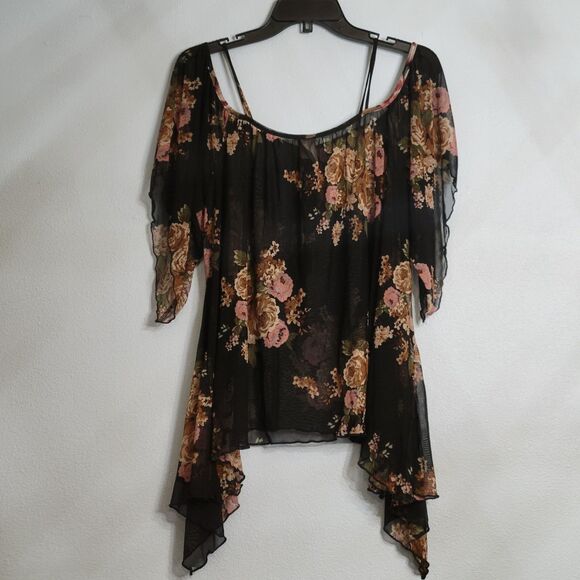 Black Sheer Floral Chiffon Blouse Tunic Handkerchief Hem Fairycore Whimsygoth L - Picture 4 of 9